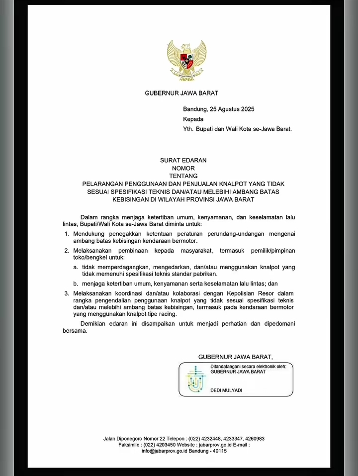 Gubernur Jabar Keluarkan Surat Edaran Larangan Penggunaan dan Penjualan Knalpot Brong